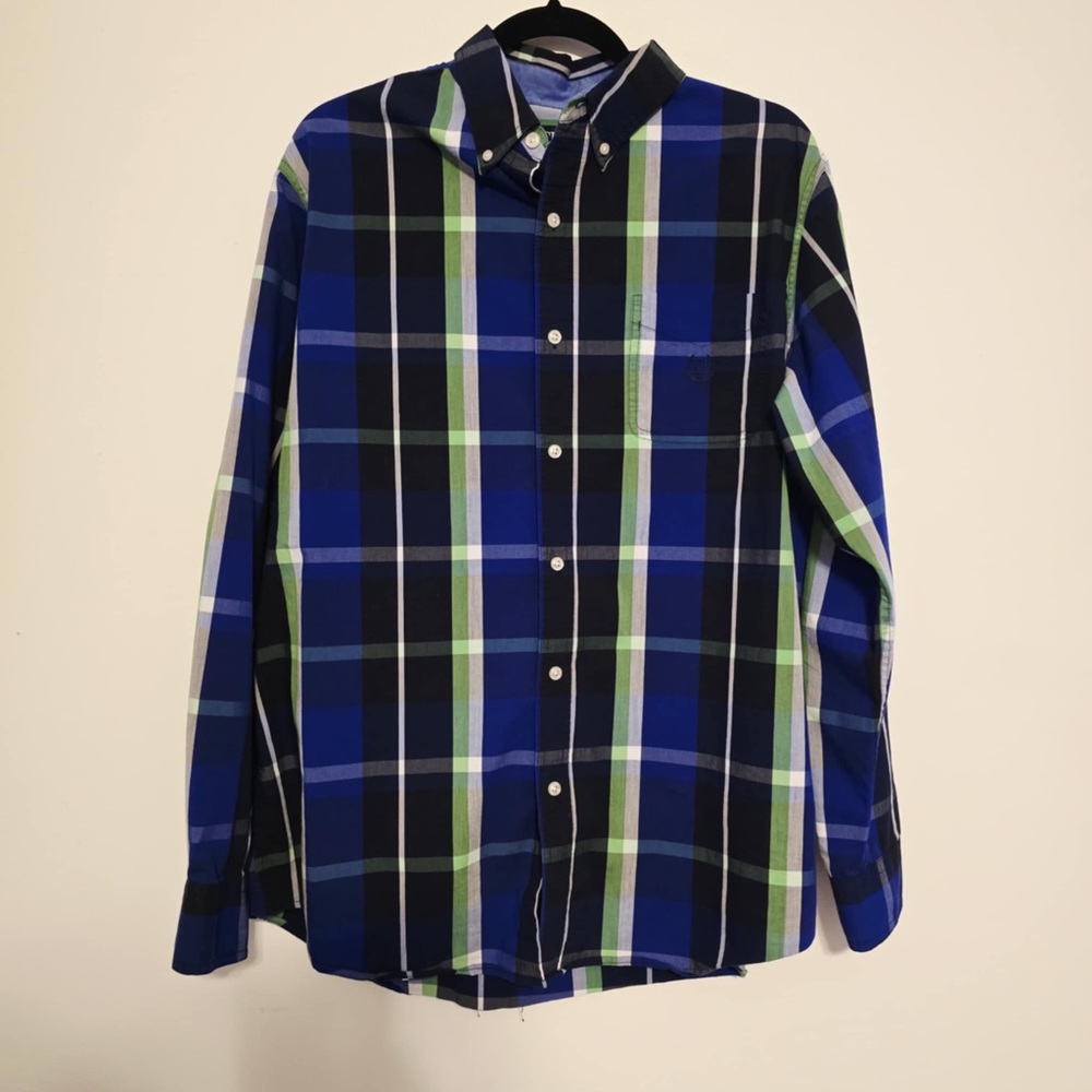 Chaps mens Navy and Lime Plaid Button Down Shirt size Large